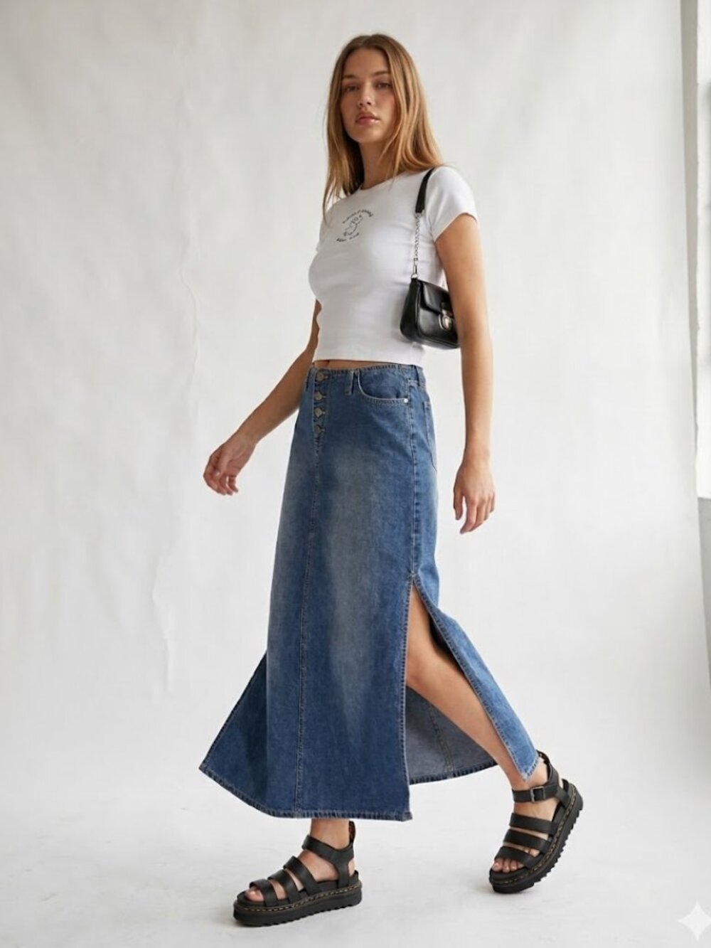 Vintage Y2K Squeeze Denim Maxi Skirt Low Rise Side Slit Jean Skirt